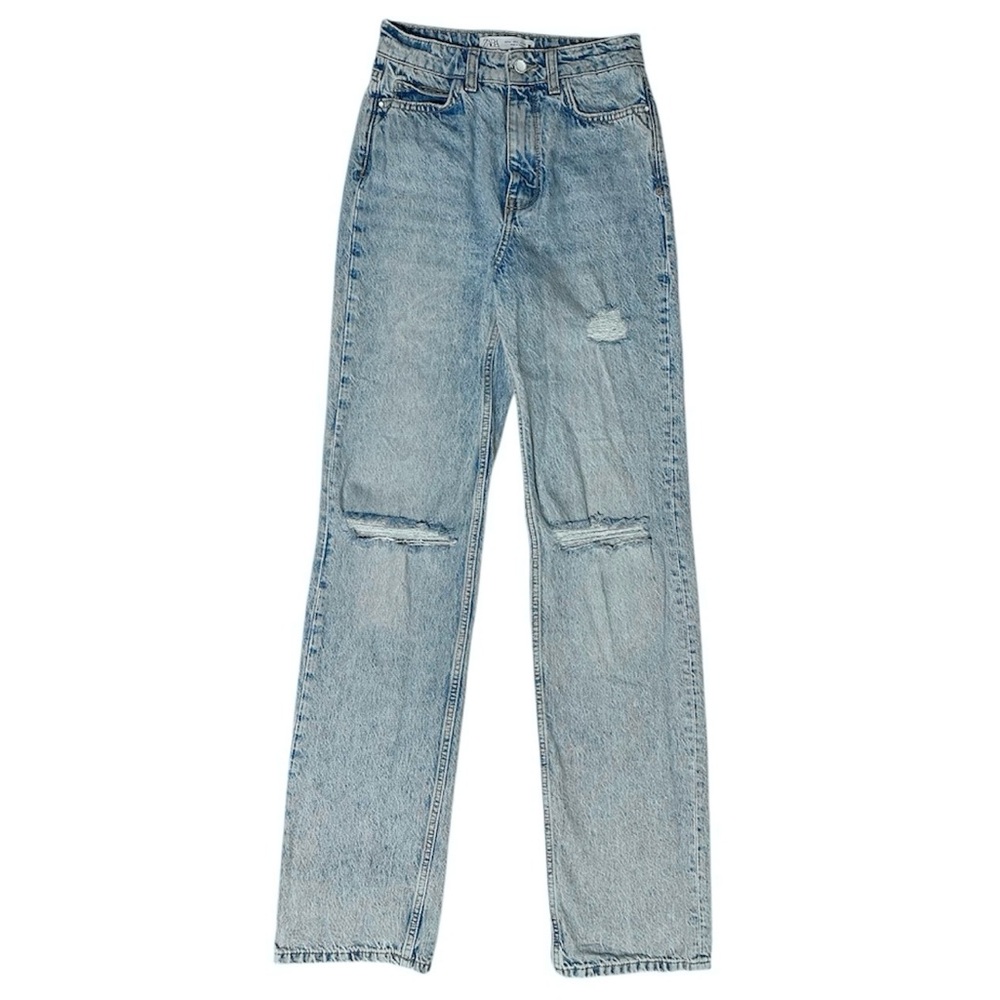 Zara Lightwash Blue Denim Jeans 100% Cotton Distressed Knee Hole Tears Women's 2